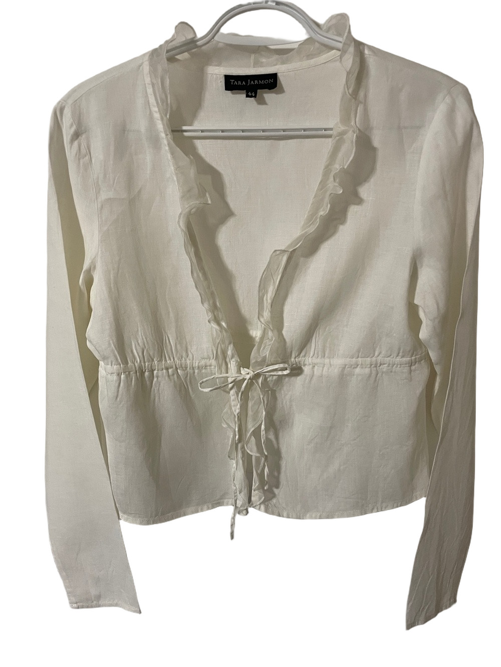 Tara Jarmon Cream Linen Blend Ruffle Tie-Front Top Size 44